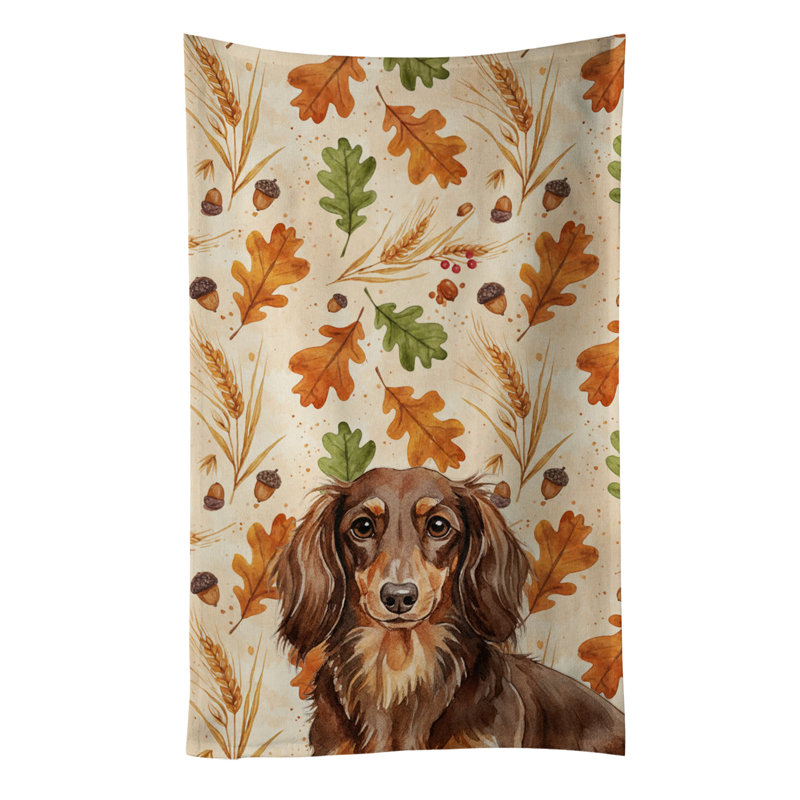 Longhaired Chocolate and Tan Dachshund Heirloom Fall Kitchen Towel, Longhaired Chocolate and Tan Dachshund