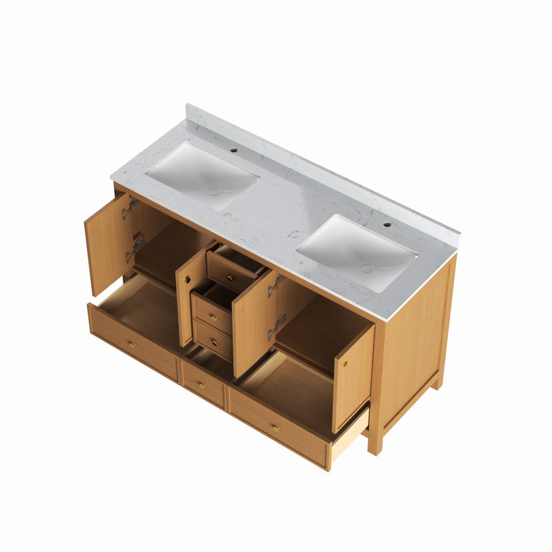 Meuble-lavabo double 60 po en chêne brun avec système de fermeture en douceur, facile à assembler et sous le lavabo de 20 po, finition en marbre d'ingénierie de 18 mm, grand espace de rangement, tiroirs,