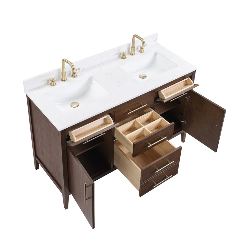 Meuble-lavabo double vasque de 140 cm (55 po) entièrement assemblé, avec comptoir et dosseret en granit blanc.