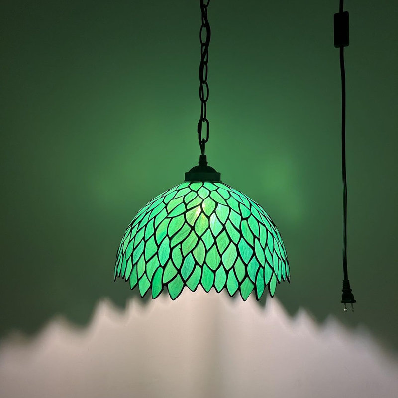 Cheviotdale Tiffany Pendant Lighting Plug in Green Stained Glass Leaves LED Bulb 12”W*12”D*60”H
