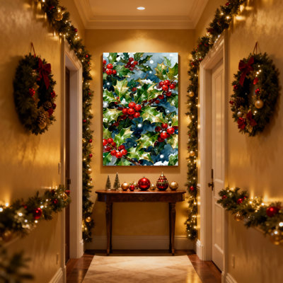 Christmas Holly Berries Snowflakes Winter Greenery Set of 3 Canvas Wall Art Prints