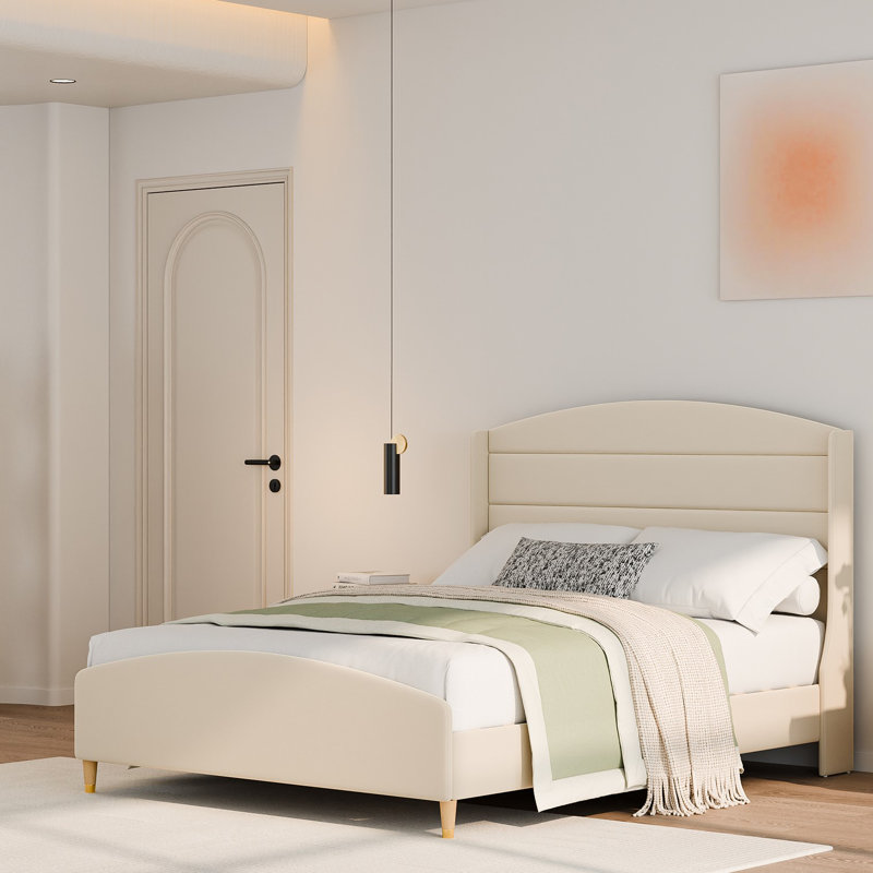 Bed Frame with Curved Headboard, Upholstered Bed Frame with Footborad, Velvet Platform Bed with Wingback Headboard, Beige
