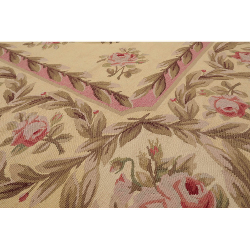 Tapis oriental ivoire / rose / brun en laine tissé à plat 9 pi x 12 pi Asmara