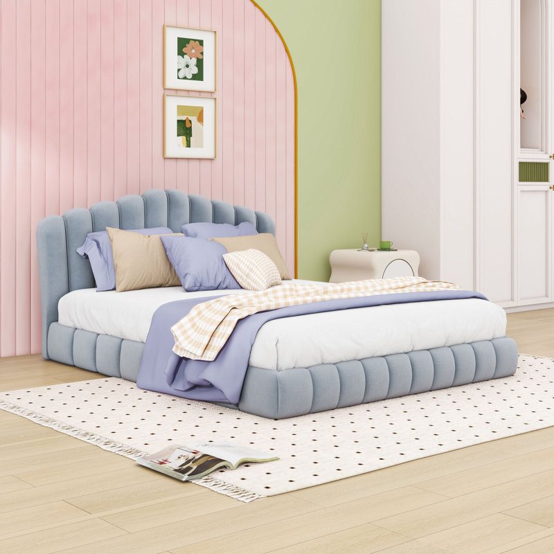 Queen Upholstered Platform Bed with Headboard, Light Blue