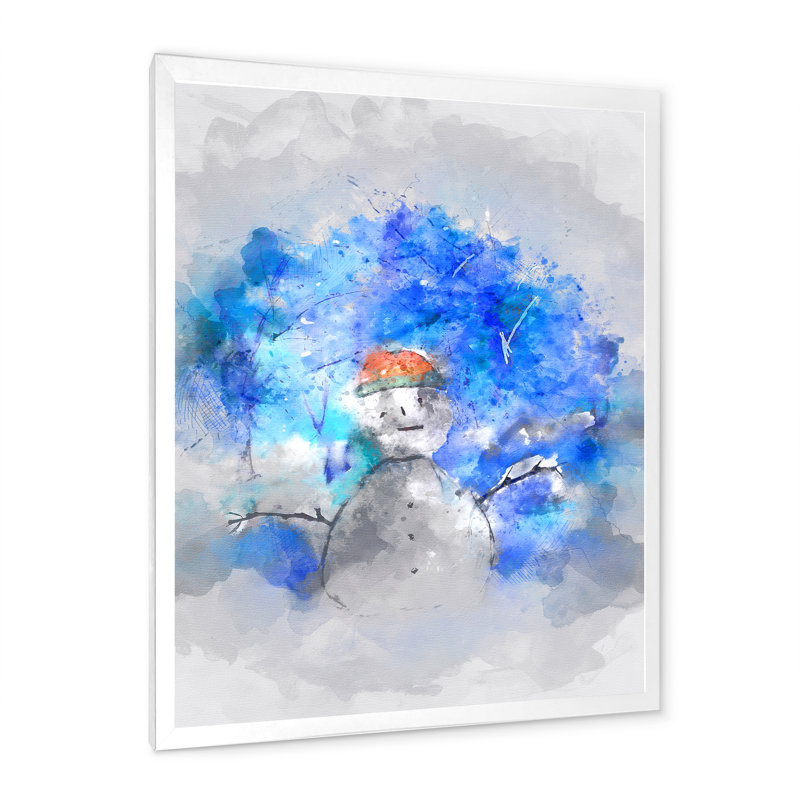 «Snowman In Blue Winter Forest», reproduction d'art sur toile pour enfants, H 32 po x l 24 po, Cadre photo blanc