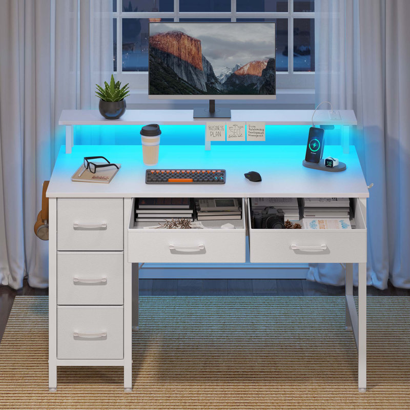 Computer Desk with Monitor Stand & Charging Station, Gaming Desk with LED Lights &  Drawers, 35.2" H x 39.4" W x 18.5" D
