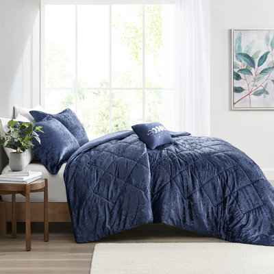 Literie en velours bleu marine pour lit simple/simple XL, lavable à la machine, couette et oreiller à motifs de losanges, housse lavable