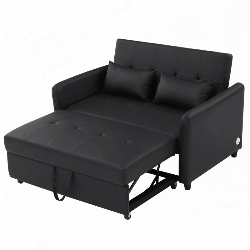 Fauteuil convertible surdimensionné en similicuir de 51,57 po avec trois ports USB pour petit espace, Noir