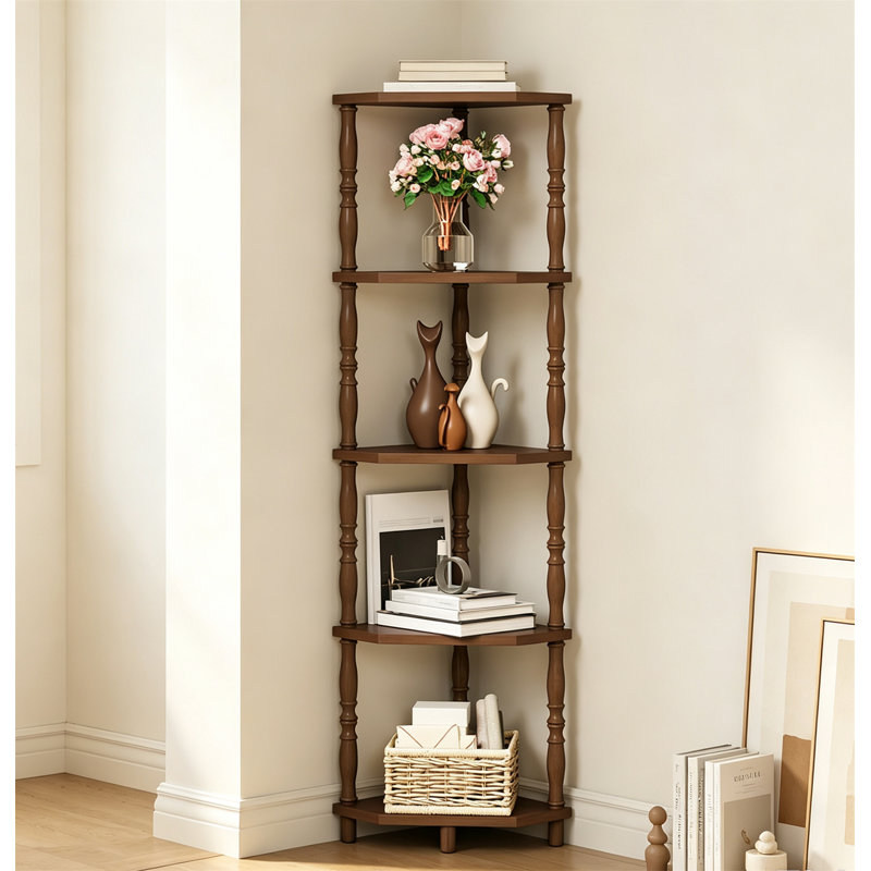 Corner Shelf, 5-Tier Corner Bookshelf, Storage Bookcase, Steel Frame Display Stand for Living Room, Bedroom, Walnut