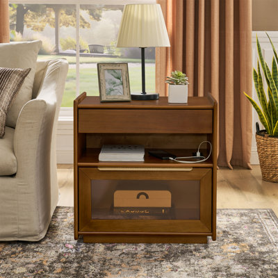 Table de chevet moderne Mid-Century avec station de charge et trou de sortie et 2 tiroirs