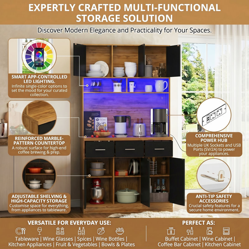 100cm W Large Freestanding Kitchen Cabinet & Microwave Stand with App-Controlled LED & Sockets, Multi-Tier Drawer Pantry Cupboard, Modern Wood