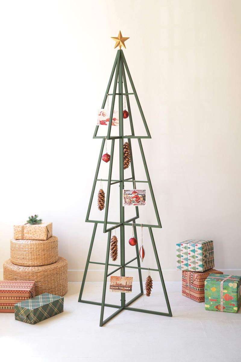 GREEN PAINTED METAL CHRISTMAS TREE ORNAMENT DISPLAY