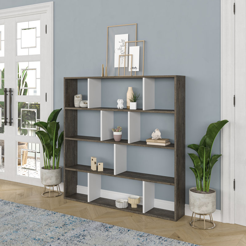 Modern Wenge w/ White Bookshelf, 57.1 x 9.8 x 57.1 inches | 100% Melamine Coated Particle Board, Thickness: 0.7 inches | Numerous Shelves, Wall-Mountable Design | Stylish Scandinavian Furniture for Home w/ Office
