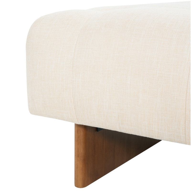 Repose-pieds carré rembourré en tissu de lin capitonné, pieds en bois massif, beige