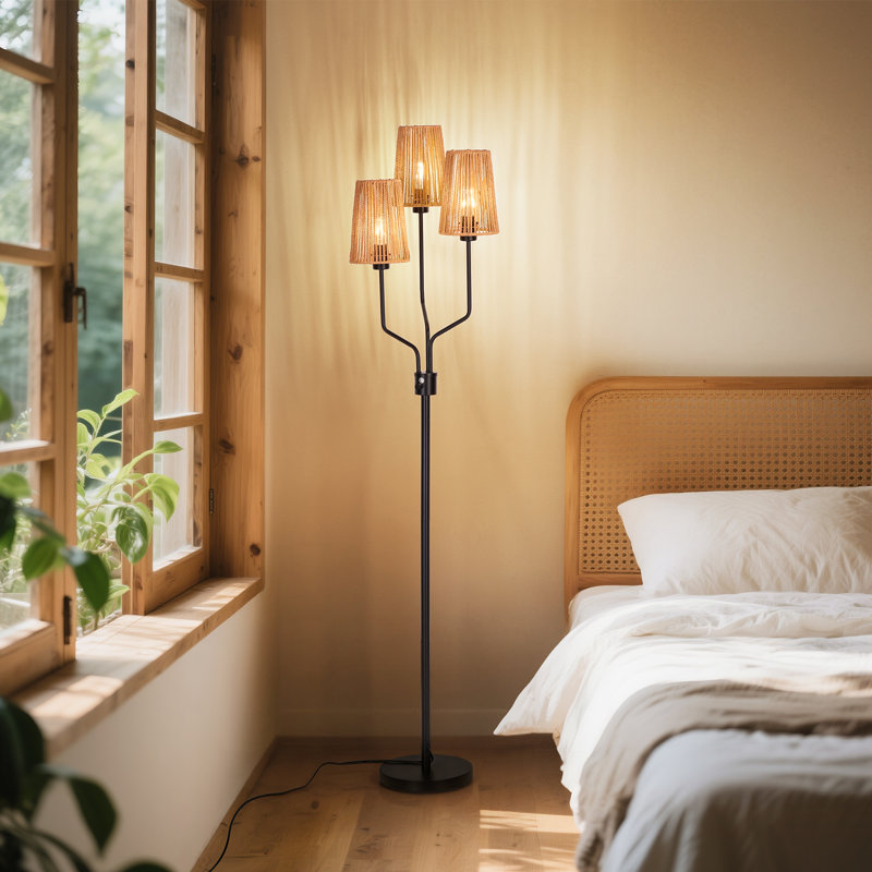 Lampe sur pied en rotin 70 po 3 lumières Mid-Century 70 po, lampe sur pied en métal noir avec 3 ampoules incluses