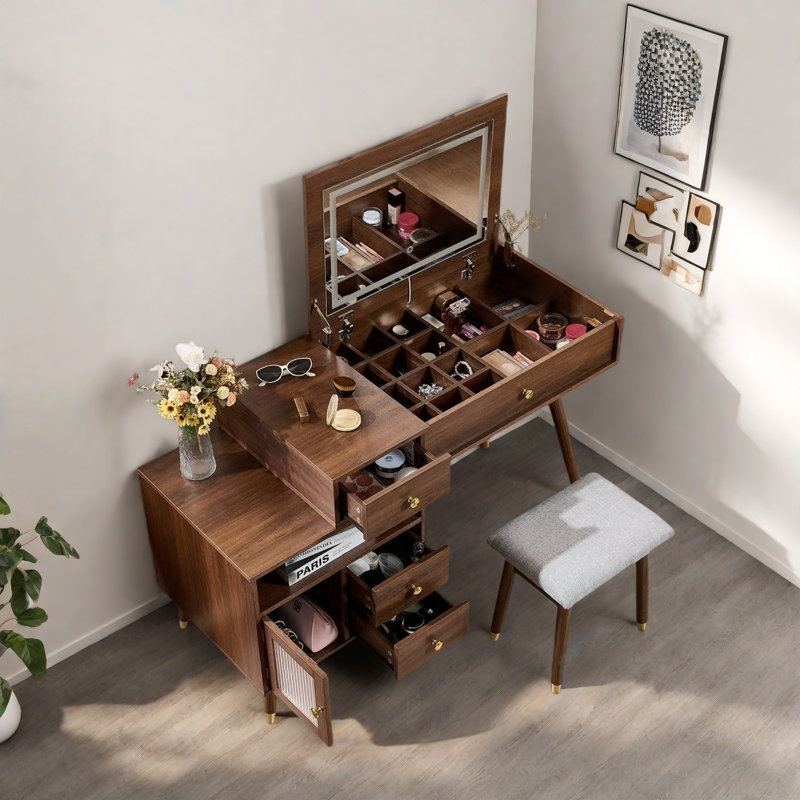 Bureau de coiffeuse 3-en-1 avec miroir basculant éclairé, armoire réglable, tiroirs et tabouret, Noyer