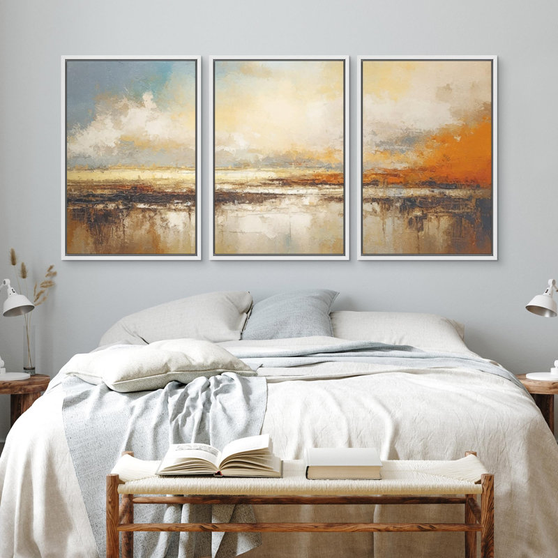 Coucher de soleil sur un lac en automne, aquarelle, paysage pastel, art moderne, décor rustique et calme sur toile, 3 pièces