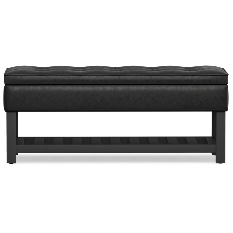 Cosmopolitan 44"W Vegan Leather Transitional Storage Ottoman Bench with Tufted Lift-Top and Open Shelf, Distressed Black