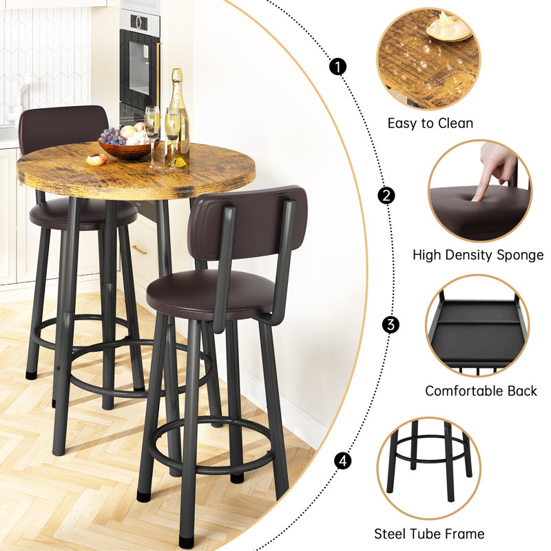 Ensemble de table de salle à manger 3 pièces, ensemble de table de bar avec table à faux comptoir en marbre et 2 tabourets, ensemble de table de bar et chaises peu encombrantes