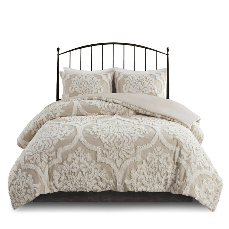 Ensemble d'édredon damassé en coton 3 pièces touffeté qui ne s'applique pas, Damas blanc cassé