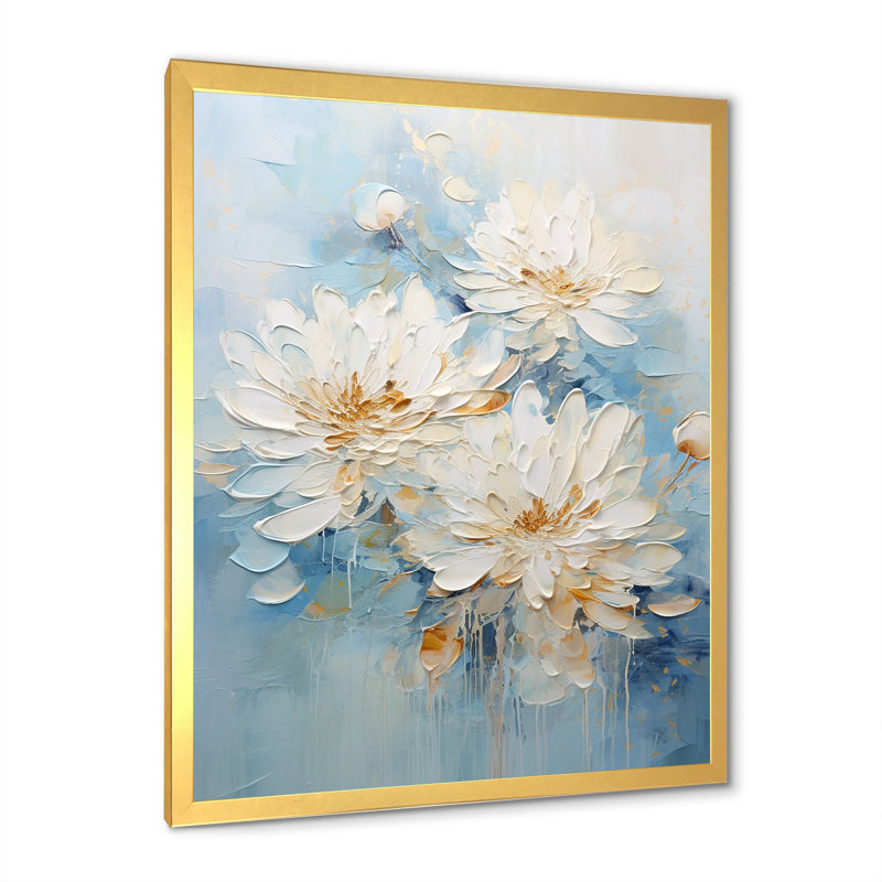 Chrysanthèmes blancs et bleus I - impression, Cadre doré simple, H 20 po x l 12 po x P 1 po