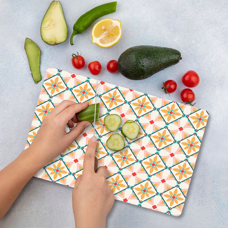 Flourish Tempered Glass Cutting Board, 7.9 x 11.8 inches | 100% Antibacterial, Easy-Clean Surface, Non-Slip Silicone Feet | Perfect for Food Prep & Serving, Durable & Stylish Kitchen Essential, Not Dishwasher Safe