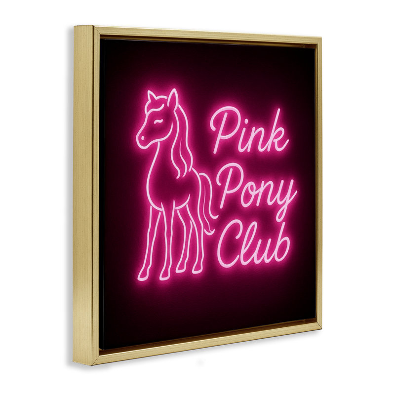Cadre flottant néon rose Pony Club, design par Grotto Studios, Cadre flottant métallique doré, H 18 po x l 18 po