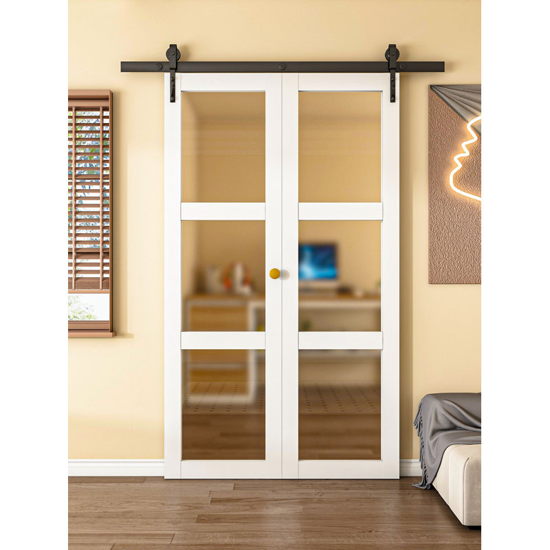 Porte de grange pliable à peindre 48 po x 84 po (verre givré double 24 po x 84 po 3) avec 3 panneaux de verre trempé givré pré-assemblés, porte de grange pliante pré-assemblée et fini blanc apprêté, ensemble de quincaillerie inclus