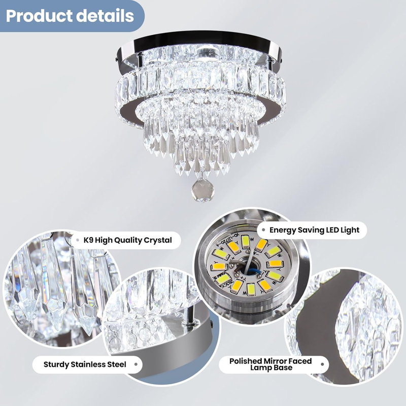 11.8" Modern Crystal LED Ceiling Light with Stainless Steel Base