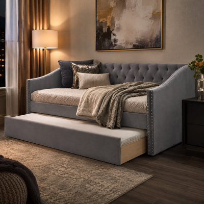 VARELON Contemporary Velvet Daybed with Pull-Out Slat Trundle, Button Tufted Upholstered Sofa Bed with Nailhead Trim for Bedroom & Guest Room