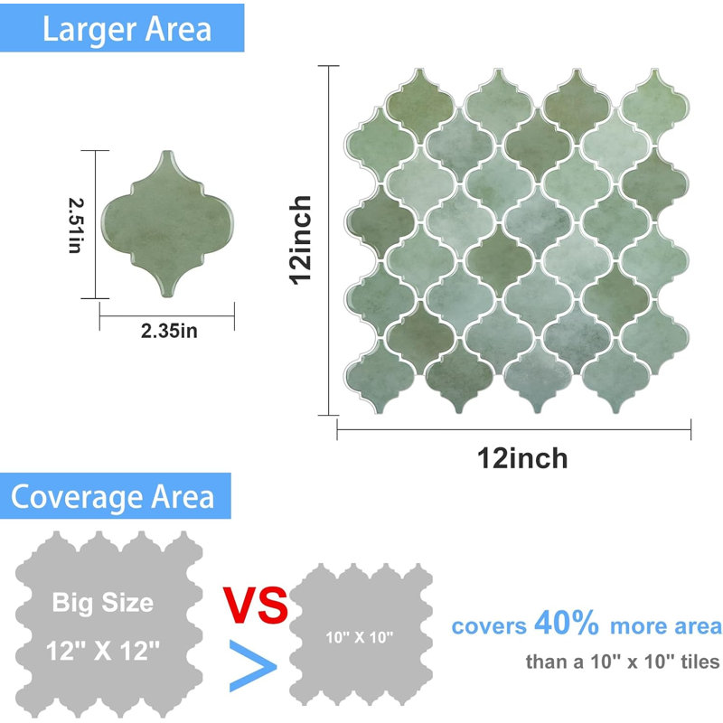 Carrelage mural auto-adhésif 12 po x 12 po, mélange de carreaux vert 10 feuilles pour cuisine et salle de bain.