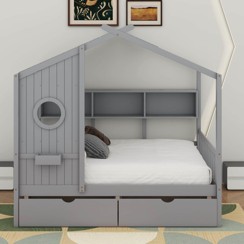 Lit double pleine grandeur avec tiroirs, Gris