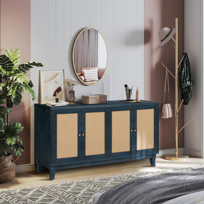 Handcrafted Premium Grain Panels,Rattan Sideboard Buffer Cabinet,Accent Storage Cabinet With 4 Rattan Doors, Modern Storage Cupboard Console Table With Adjustable Shelves For Living Room