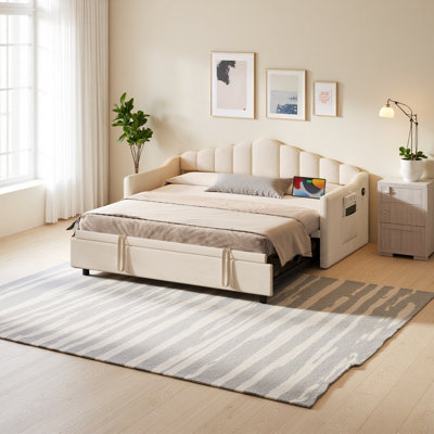 Upholstered Twin Size Daybed With Adjustable Height Pop Up Trundle Twin Bed And USB & Type-C Charging Port, Day Bed Frame With 2 Side Pockets, No Box-Spring Needed