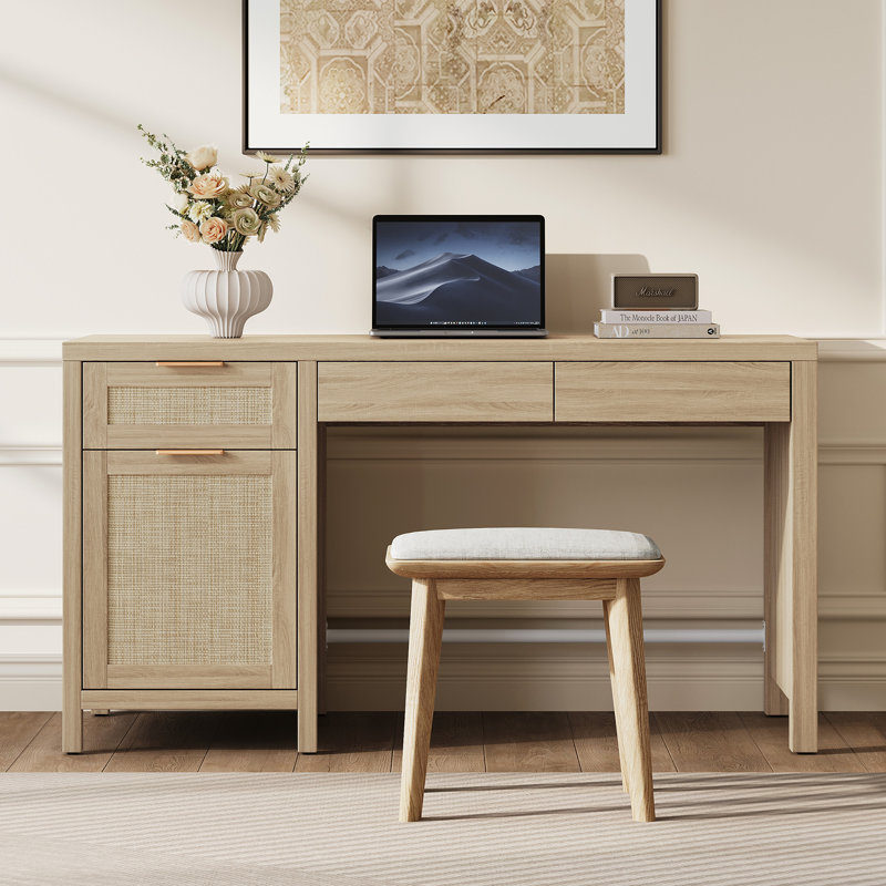 55.12"W Boho Rattan Desk With Adjustable Shelves & Ample Storage, Light Oak, 1
