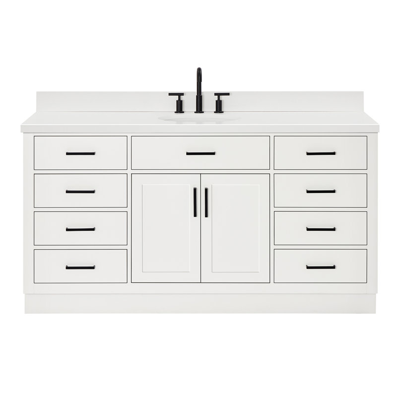 Thornaby 66'' Solid Wood Single Bathroom Vanity with 1.5'' White Quartz Top, White, Oval