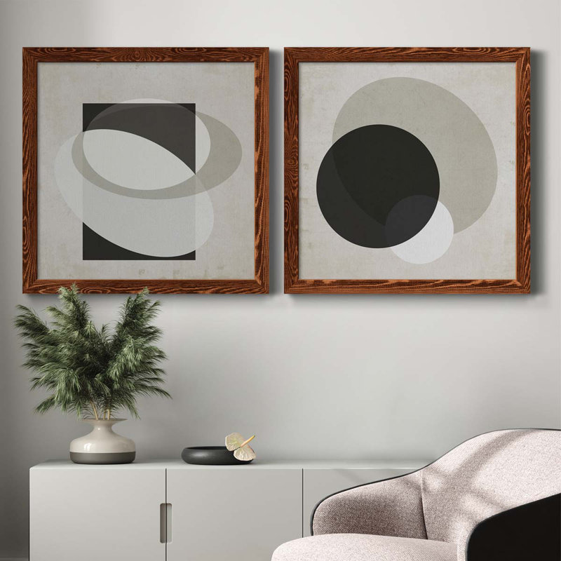 Moderniste Neutre III, ensemble de 2 reproductions d'art sur toile encadrées, Toile avec cadre en noyer