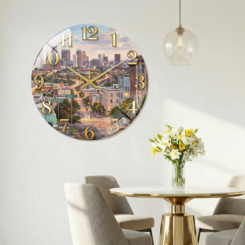 "Cityscape View", horloge murale en verre, 40 x 40 cm (15,7 x 15,7 pouces)
