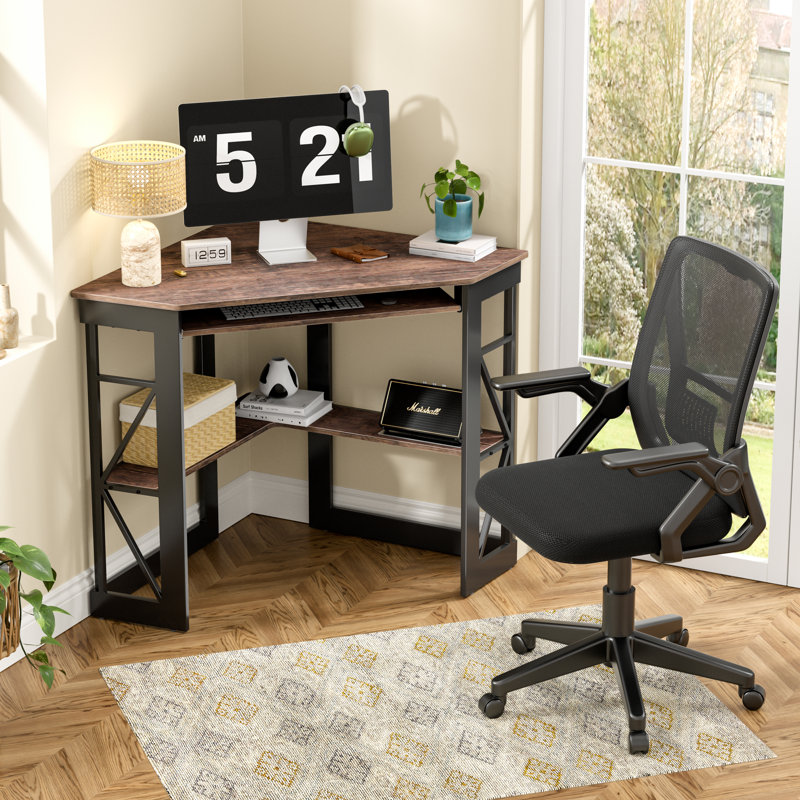 2-Piece Corner Computer Desk And Ergonomic Mesh Office Chair Set, L-Shaped Home Office Workstation With Storage Shelves And Adjustable Swivel Task Chair With Wheels, Space-Saving Study Writing Desk For Bedroom, Gaming, Small Office