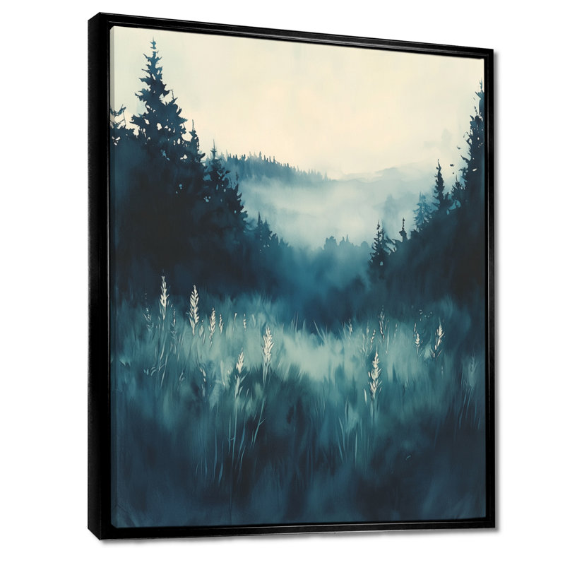 Forêt de pins bleu brumeux - Tableau encadré sur toile murale, H 32 po x l 16 po, Cadre flottant noir
