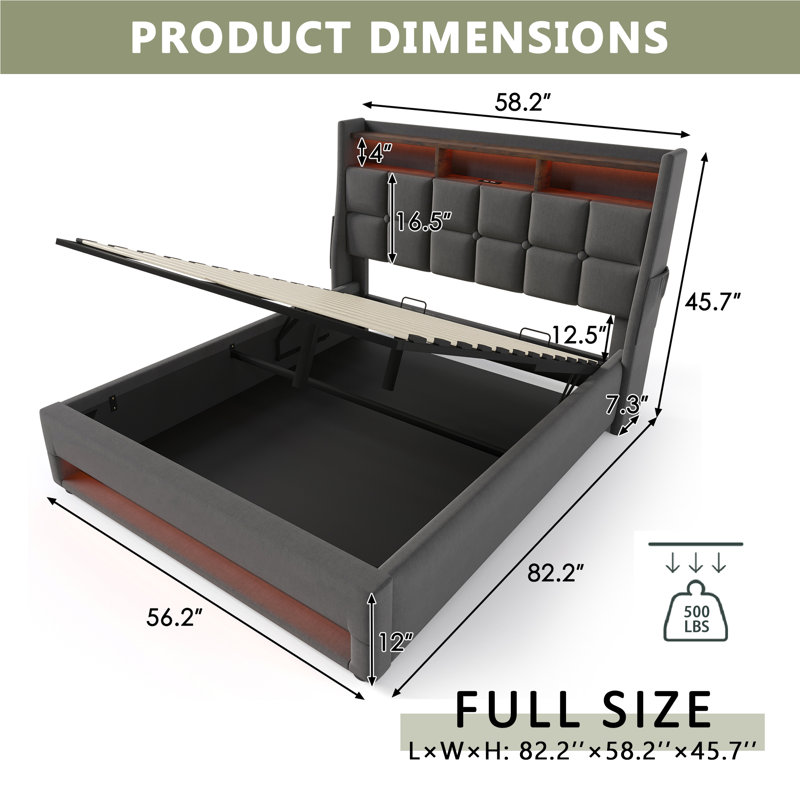 Hydraulic Lift Up Storage Upholstered Platform Bed With Charging And Led Light, Gray, Full