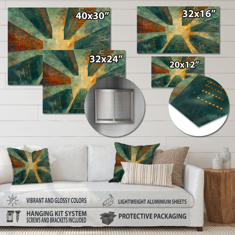 Vert, rouge, urbain, rétro, gratte-ciel I - gratte-ciel, art mural, salon, Métal métal, H 30 po x l 40 po x P 1,5 po