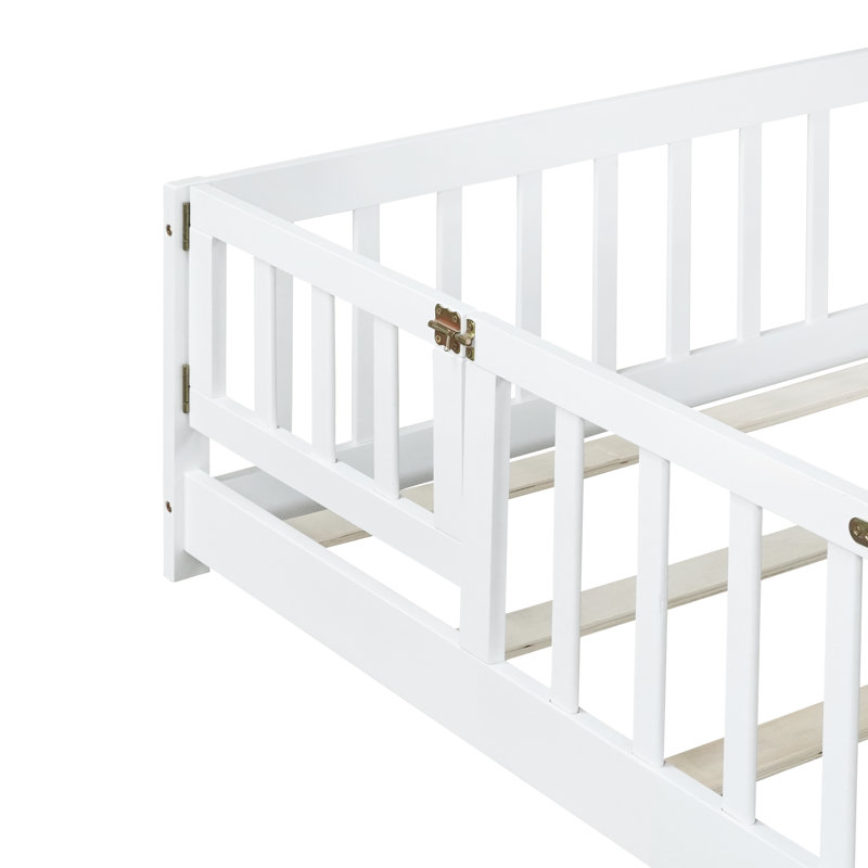 Twinkle Modern Floor Bed Set With Door, Rubber Wood And Safety Guardrails, White, Queen