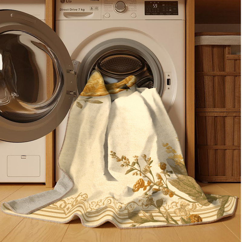 Tapis lavable à la machine à motif de quiches style campagne française beige, 4 x 2