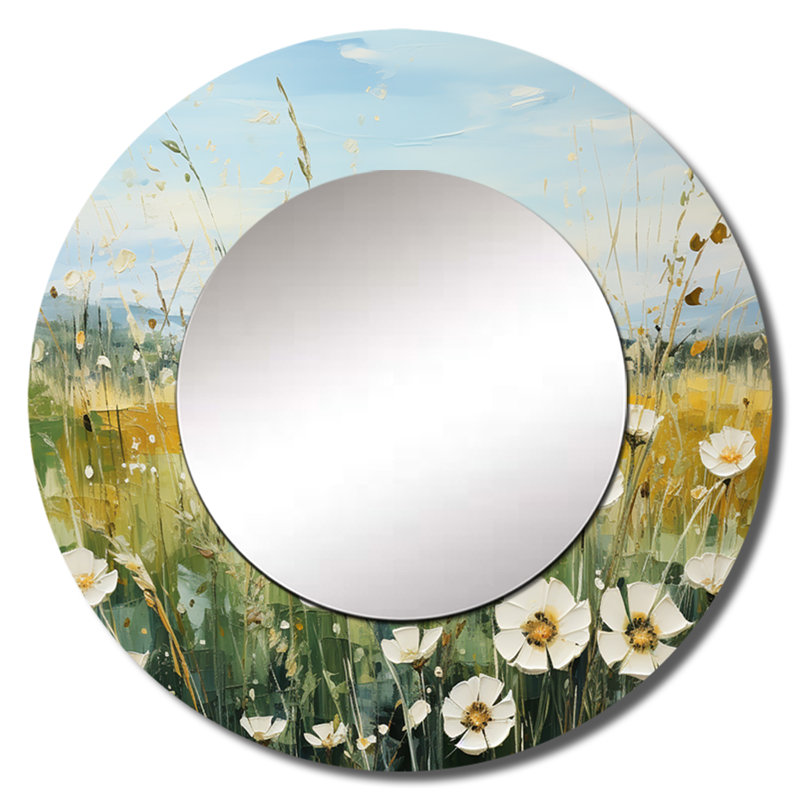 «Sadarius Meadow Whispers Of Spring III», miroir mural unique, art rond imprimé sur métal, 36 po x 36 po