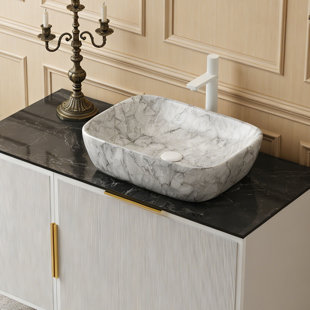Bathroom Sink 19 Inch Oval Vessel Sink with Volakas Marble Look, Modern Countertop Bowl Sink for Vanity, White
