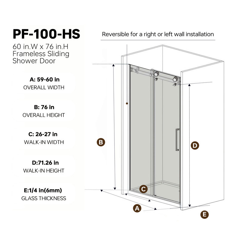 Porte de douche coulissante simple sans cadre, 60 po X P 76 po H, 1/4 po (6 mm) en verre trempé transparent