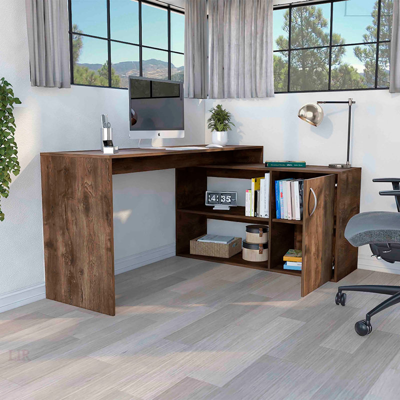 Bureau d'ordinateur en L Axis avec rangement ouvert et fermé pour une organisation efficace de l'espace de travail, Brun