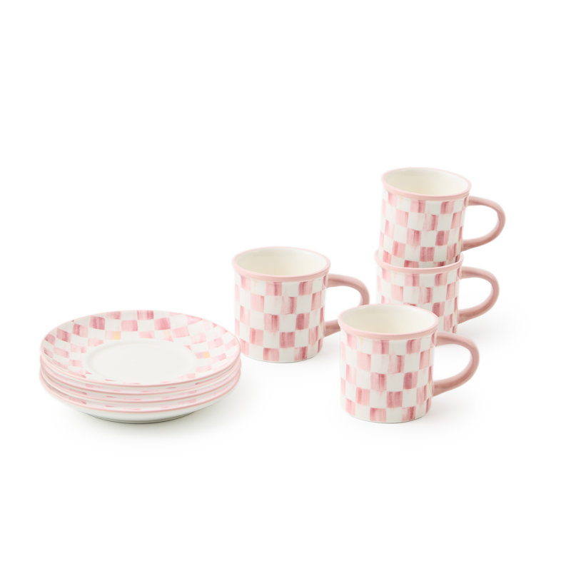 Sterling Check Stoneware Espresso Cup and Saucer, Set of 4, Pink/White