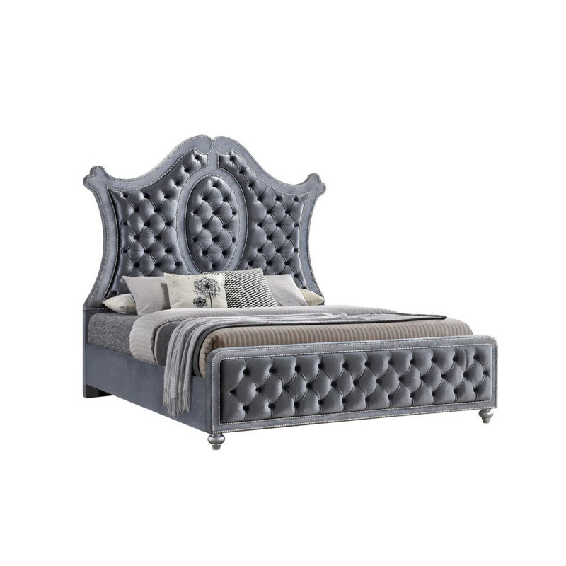 Grand lit Rall, tête de lit courbée en bois, revêtement en tissu capitonné gris, Grand